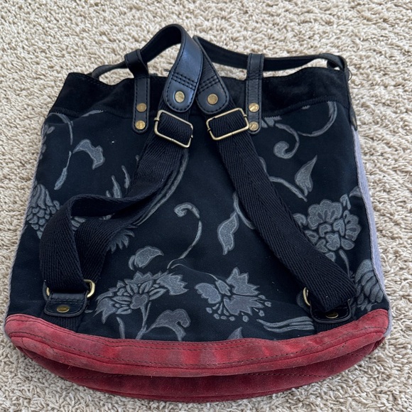 Lucky Brand Printed Floral Canvas & Red Suede Boho Large Hobo Backpack Satchel main image 9